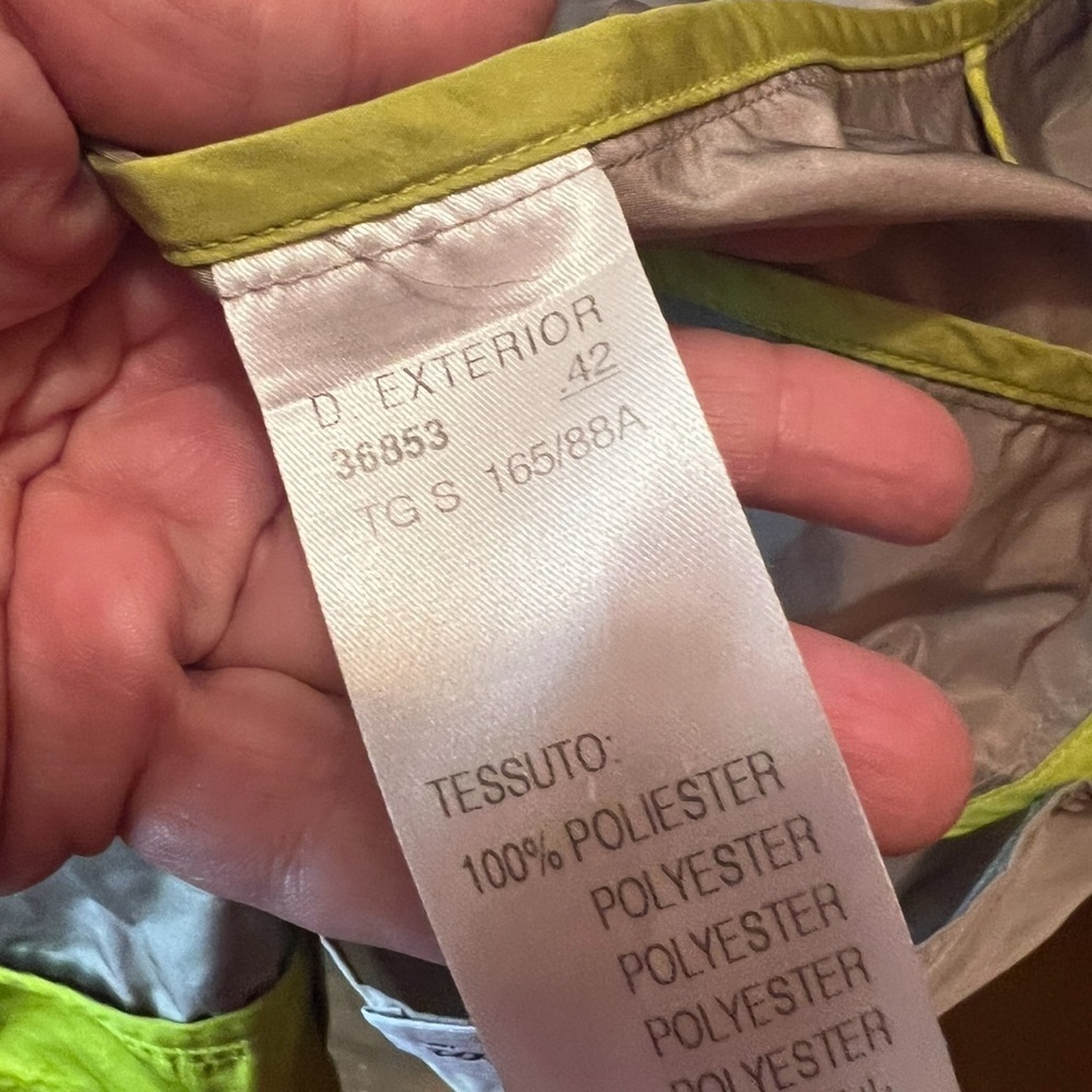 D. Exterior / Rizik Bros Taupe Laser-Cut Hem Coat Size 42 Lime Lined Jacket - Picture 9 of 9